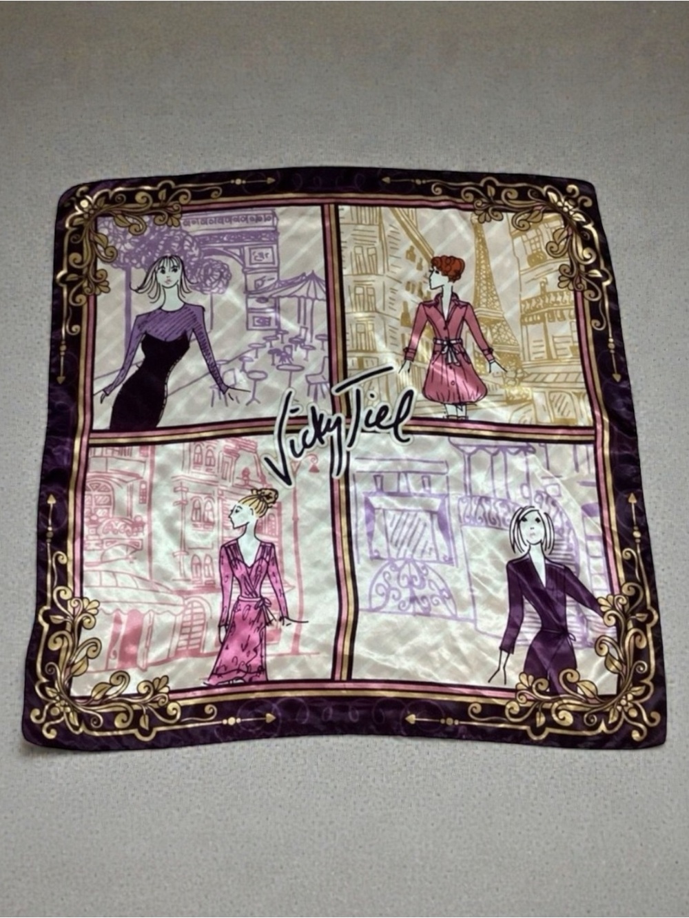 Vicky Tiel Pink Purple & Gold Paris 100% Polyester Scarf